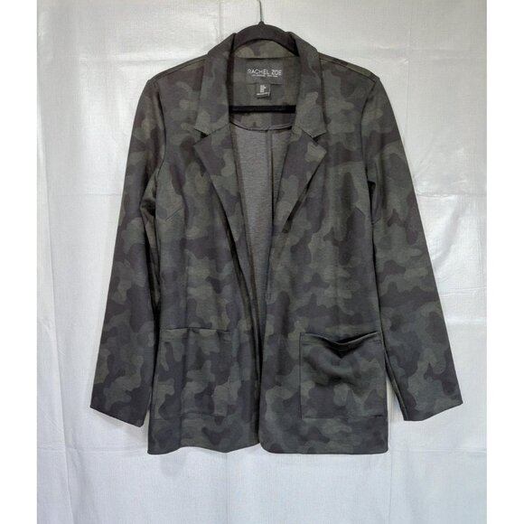 Rachel Zoe Green Camo Blazer Med Open Front Jacket Stretch Everyday Grunge - Picture 1 of 10